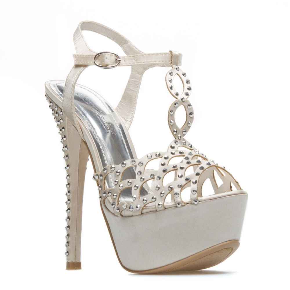 SHOEDAZZLE Triona champagne satin studded heels